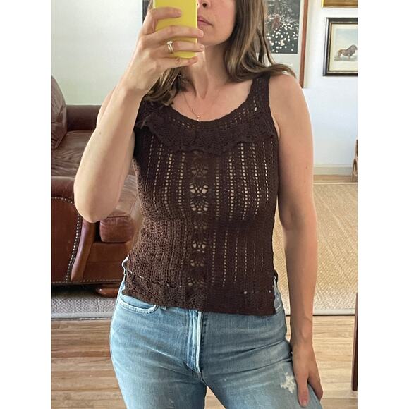 Brown Crochet Ruffle Trim Tank Size Small - Picture 1 of 6